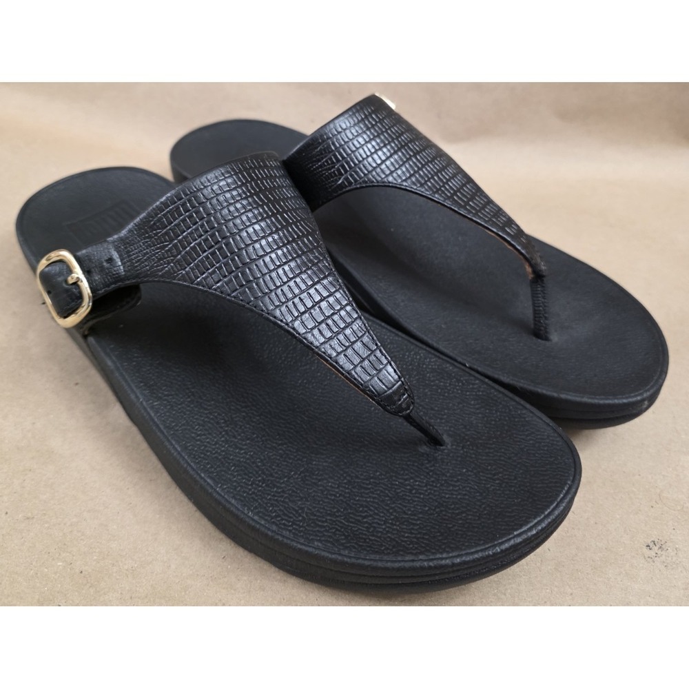 FitFlop (Sz 9) The Skinny Sandals Women's Black Croc Leather Wedge Buckle